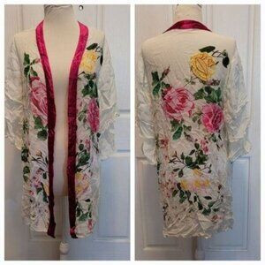 Embroidered Kimono open duster top floral Medium designer boho Soft Surroundings